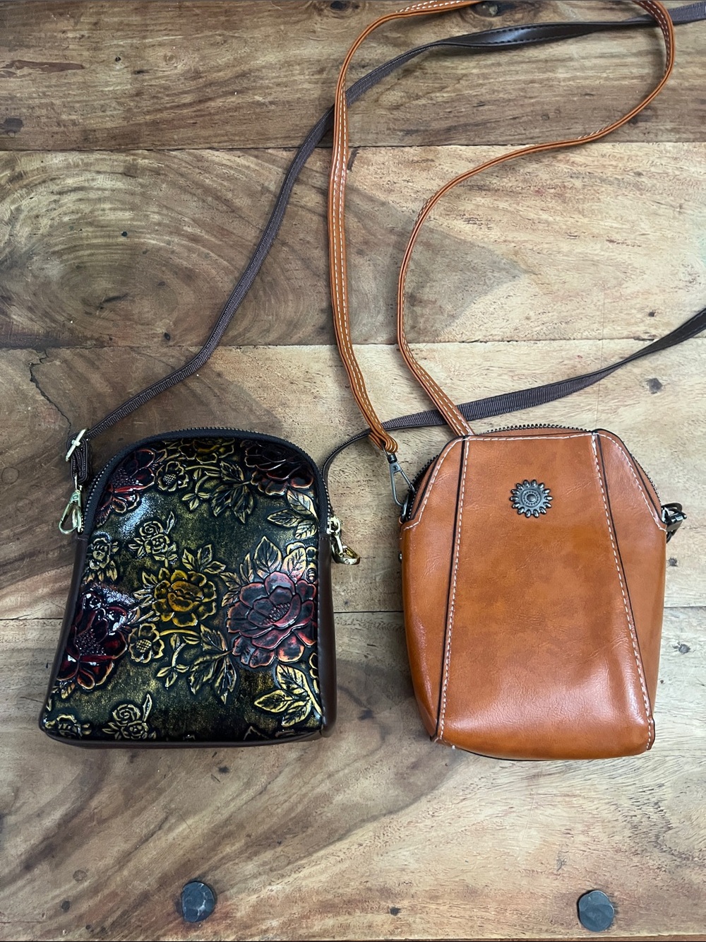 Two-Piece Women's Crossbody Set — Floral Multicolor & Tan Leather Styles